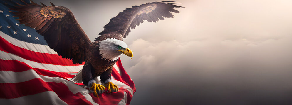 Bald eagle taking flight in front of an American flag clouds sky. Banner wide format. Generative AI