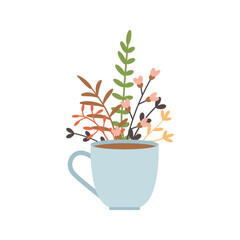 Coffee cup with spring flowers. Cute vector illustration for spring design. Flat vintage style.