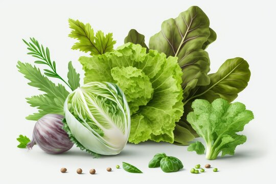 Fresh green lettuce salad with other vegetables, a white background. Generative AI