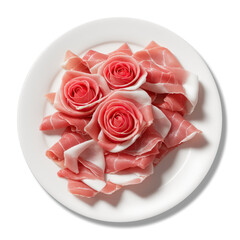 Sliced prosciutto crudo arranged in the shape of roses. Generative AI