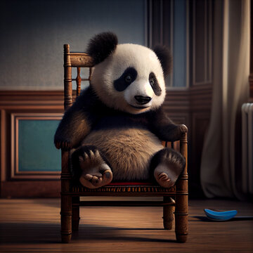 A cute panda sitting on  a chair