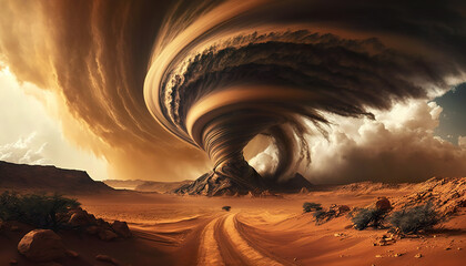 A huge tornado hits the desert landscape with great force. AI generated illustration.