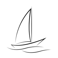Outline of a ship on the waves, flat vector, isolate on white, contour drawing, silhouette