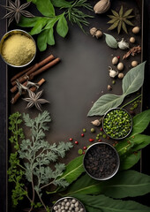 spices and herbs on wooden background