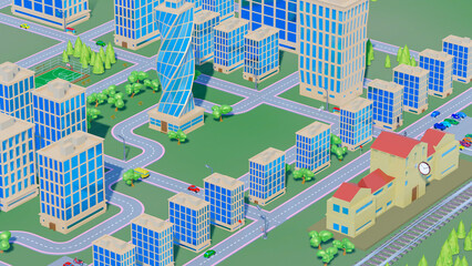 background stylized three-dimensional city with train cars. 3d render illustration