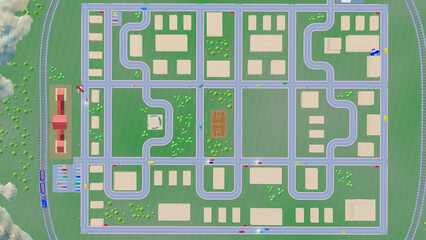 background stylized three-dimensional city with train cars. 3d render illustration