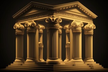 This image depicts a mythical Greek temple complete with sculpted stone pillars and arches. Generative AI