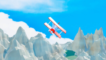 stylized three-dimensional city. cartoon biplane over city 3d render illustration