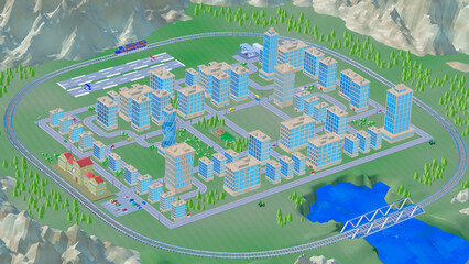 background stylized three-dimensional city with train cars. 3d render illustration