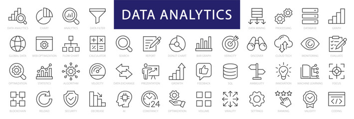 Data Analytics thin line icon set. Data Analysis editable stroke icons. Data analytics, mining, optimization, processing, statistic, monitoring, analysis. Vector illustration - obrazy, fototapety, plakaty