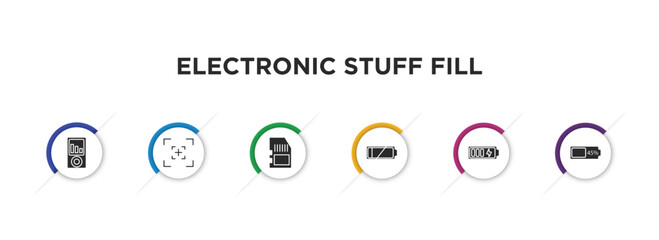 electronic stuff fill filled icons with infographic template. glyph icons such as portable music player, camera screen, memory card, low battery, charging battery, battery almost full vector.