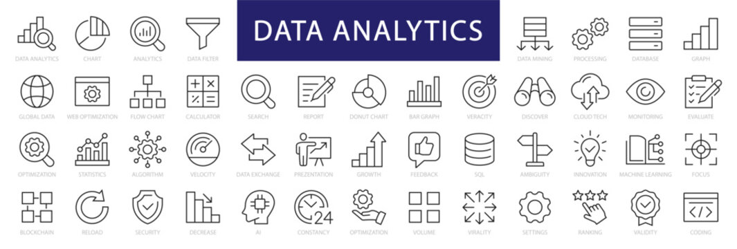 Data Analytics Thin Line Icon Set. Data Analysis Editable Stroke Icons. Data Analytics, Mining, Optimization, Processing, Statistic, Monitoring, Analysis. Vector Illustration