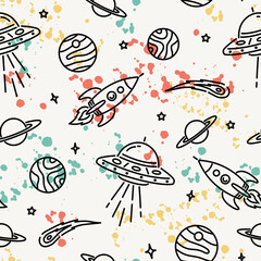 Hand-drawn space elements seamless pattern. Space background. Space doodle illustration. Vector illustration. Seamless pattern with cartoon space rockets, planets, and stars.