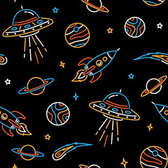 Hand-drawn space elements seamless pattern. Space background. Space doodle illustration. Vector illustration. Seamless pattern with cartoon space rockets, planets, and stars. © cddesign.co