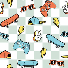 Vector cartoon seamless pattern with the checked background. Game controllers, skateboards seamless pattern. Seamless repeat pattern. © cddesign.co