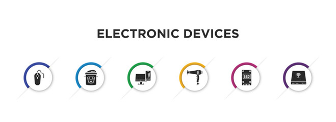 electronic devices filled icons with infographic template. glyph icons such as mouse, pressure cooker, devices, blow dryer, ssd, drive vector.