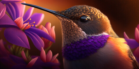 flying hummingbird closeup in purple color scheme AI generated illustration