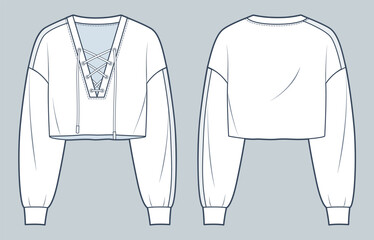 Naklejka premium Cropped Sweatshirt technical fashion illustration. Lace-up Sweatshirt fashion flat technical drawing template, V-neck, oversized, front and back view, white color, women, men, unisex CAD mockup.
