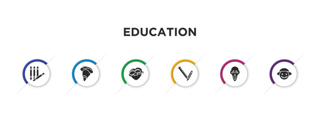 education filled icons with infographic template. glyph icons such as crayon, don quixote, quasimodo, school material, scream, wizard of oz vector. - obrazy, fototapety, plakaty