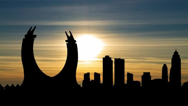 Doha: Katara buildings of Lusail Marina Park, Time Lapse at Sunset, Qatar.Construction industry concept