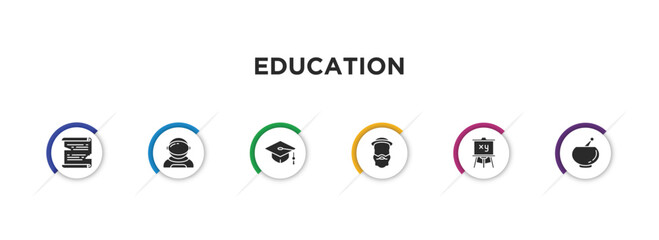 education filled icons with infographic template. glyph icons such as papyrus, astronaut, graduation cap, robinson crusoe, easel, punch bowl vector. - obrazy, fototapety, plakaty