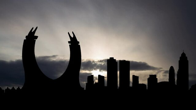 Lusail city Skyline with Katara Towers, Time Lapse at Sunrise with Fast Clouds and Dark Silhouette of Skyscrapers, Qatar