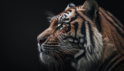 The tiger in hyper-realistic representation: detailed close-up from the side