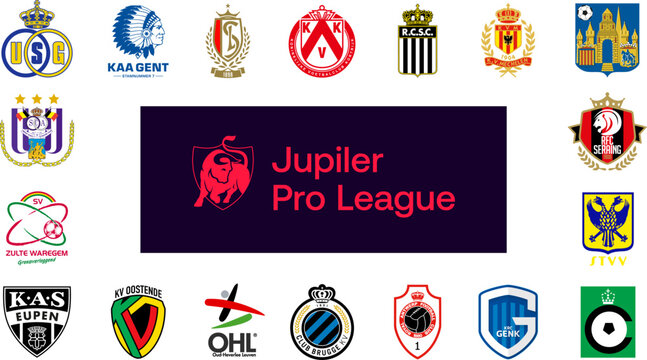 Belgian First Division A. Antwerp, Saint-Gilloise, Genk, Standard Liege, Oostende, Zulte Waregem, Westerlo, Charleroi, Anderlecht, Kortrijk, Mechelen, Gent, Eupen, Seraing. Kyiv, Ukr - Feb 25, 20223