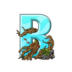 Hand drawing illustration of aquascape in a letter B on a white background