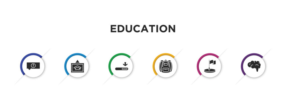 education filled icons with infographic template. glyph icons such as unknown topic, graduation pictures, window scrolling medium, school bag, location flag, human brain vector.