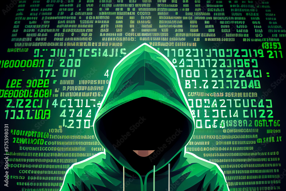 Poster hooded hacker against green background with computer code. generative ai