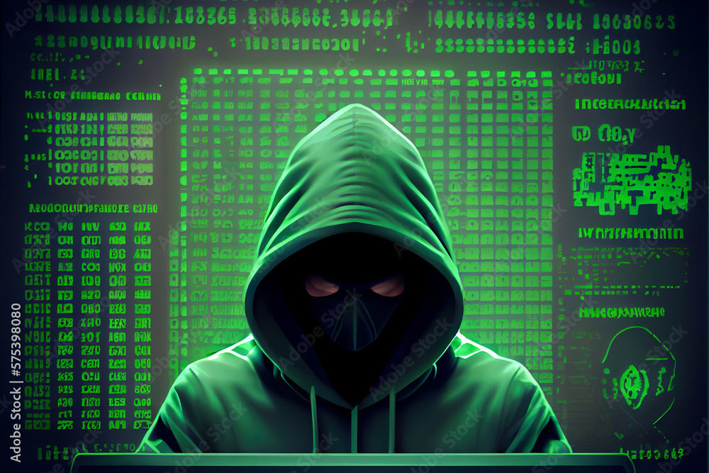 Poster hooded hacker against green background with computer code. generative ai