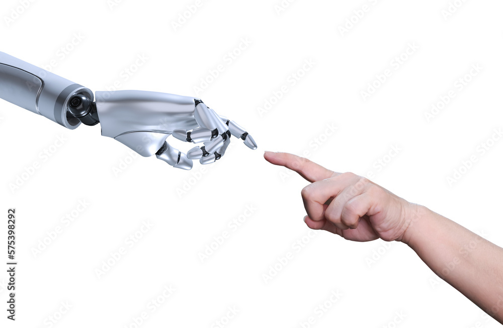 Poster human and robot fingers making contact on transparent background, integration and coordination of pe