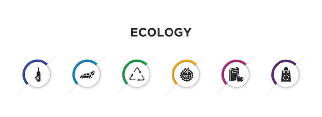 ecology filled icons with infographic template. glyph icons such as recycled bottle, eco energy car, recycling, 100 % natural badge, and books, recycled bag vector.