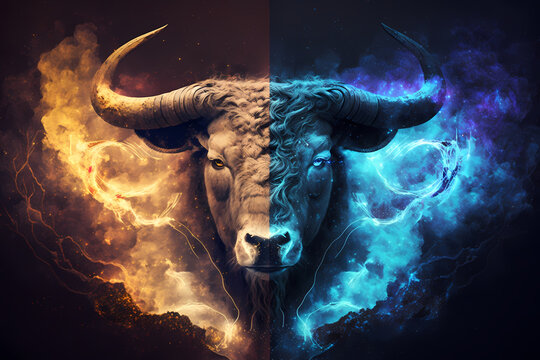 Taurus zodiac sign with hot and cold parts, before and after