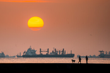Obraz premium couple walking their dog at sunset