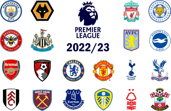 Premier League 2022-2023 of England. Leicester City, Liverpool, Chelsea, Manchester United, Manchester City, Arsenal, Tottenham Hotspur, Bournemouth, Fulham. Kyiv, Ukr - Feb 25, 2023