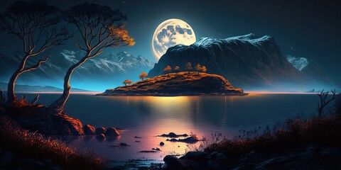 Beautiful Landscape, Moutains, Lake, River, Lit up by Moonlight, Generative AI