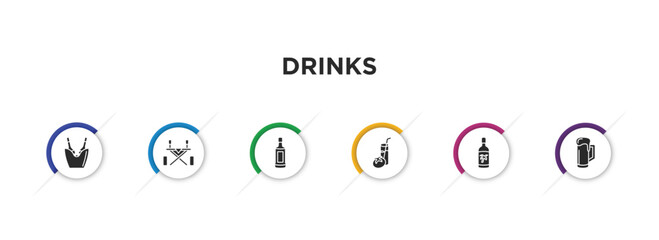 drinks filled icons with infographic template. glyph icons such as ice bucket and bottle, picnic table, grain, tomato juice, malibu, beer mug vector.