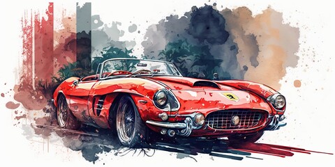 Red Sports Car Watercolor Painting, Generative AI