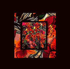 Abstract floral background shades of reds black frame