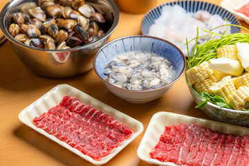 Slice of beef and seafood for hotpot