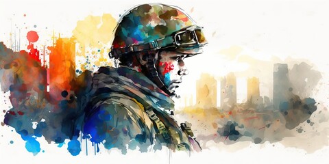 Warzone Soldier Watercolor Painting, Generative AI