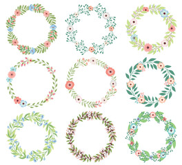 Set of floral elements. Floral wreaths.