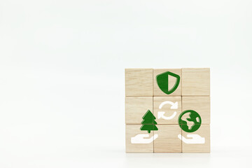 Obraz premium hands holding tree and earth globe icons on wooden block cubes on white background,save forest ,world forestry concept.