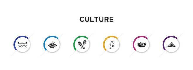culture filled icons with infographic template. glyph icons such as native american canoe, beijing roast duck, maracas couple, coffee grains, onion patties, native american wigwam vector. © IconArt