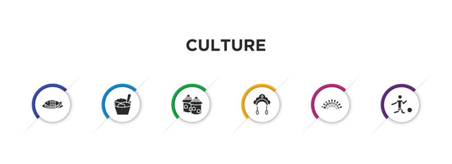 culture filled icons with infographic template. glyph icons such as cantonese fish, rice pudding, indian village, kokoshnik, indian headdress, brazil soccer player vector.