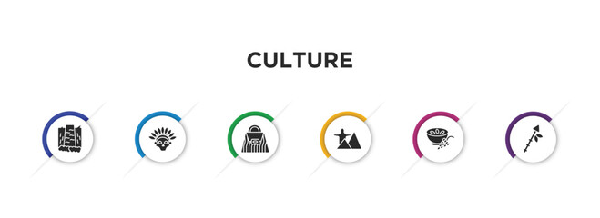 culture filled icons with infographic template. glyph icons such as maletsunyane, native american skull, crocodile leather bag, rio de janeiro, ajoblanco, native american spear vector.