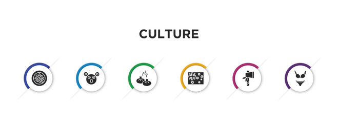 culture filled icons with infographic template. glyph icons such as fabada, australian koala, steamed bread, australian flag, native american axes, female bikini piece vector. - Powered by Adobe