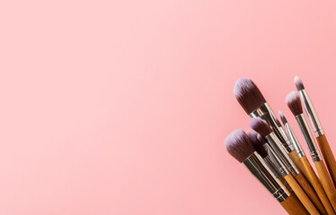 Beauty cosmetics makeup brushes. Collection of cosmetic makeup brushes. Banner. Fashion woman makes...